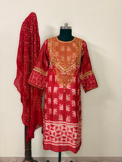 Red Tussar Silk Marodi Shibori Kurta (Unstitched)