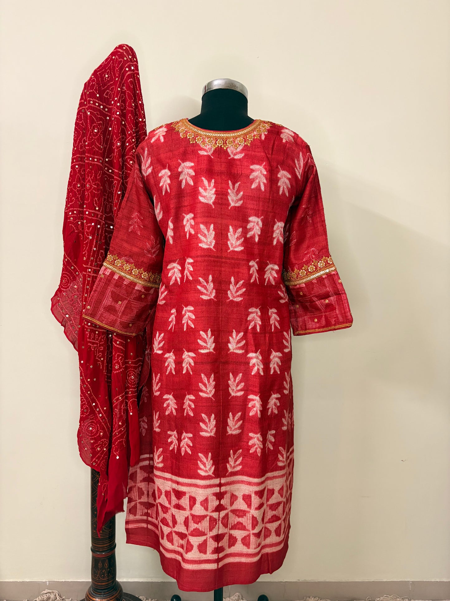 Red Tussar Silk Marodi Shibori Kurta (Unstitched)