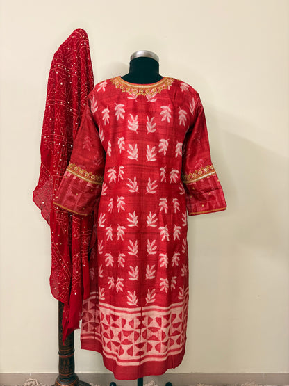 Red Tussar Silk Marodi Shibori Kurta (Unstitched)