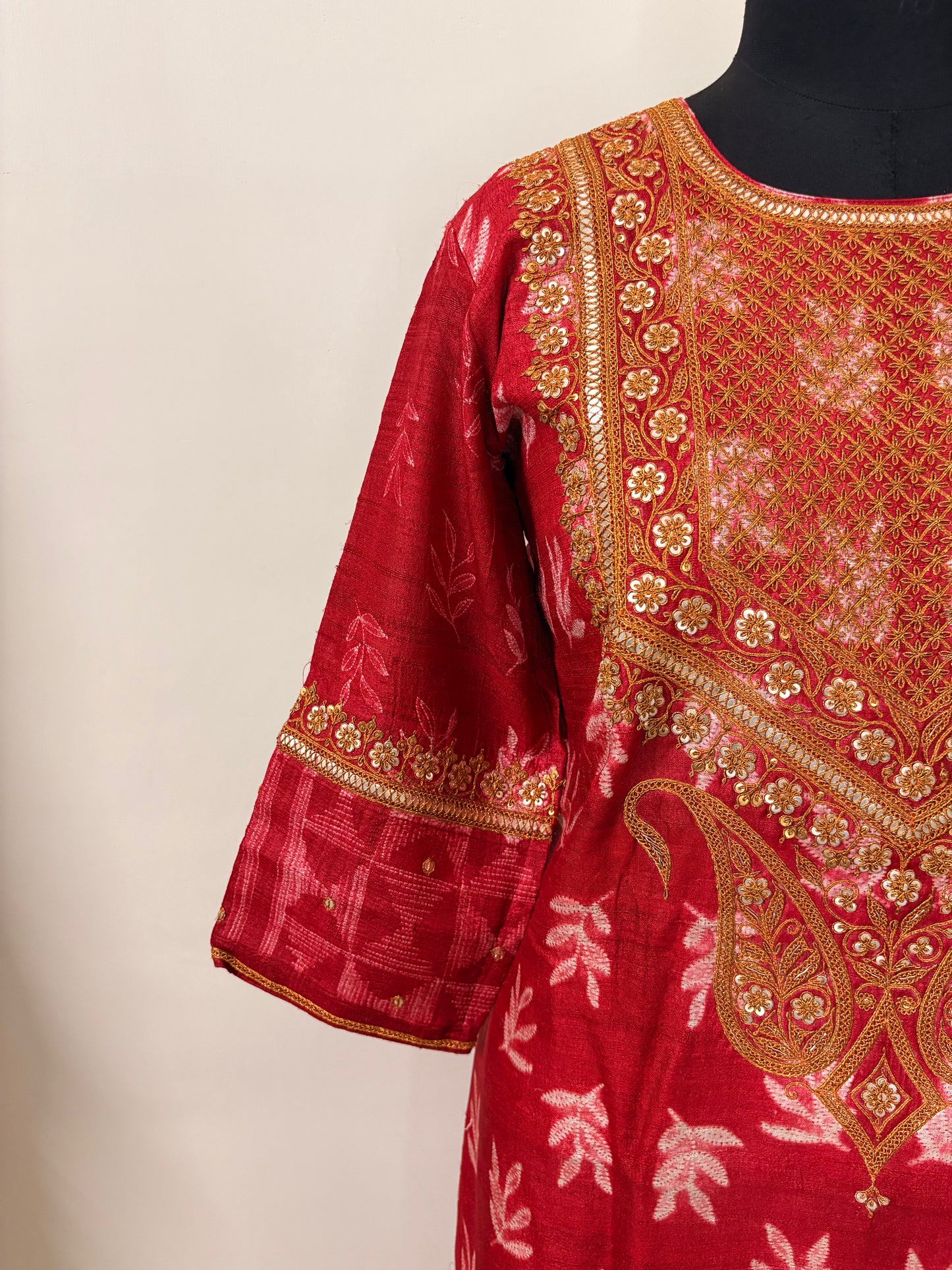 Red Tussar Silk Marodi Shibori Kurta (Unstitched)