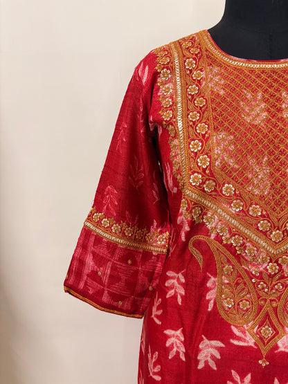 Red Tussar Silk Marodi Shibori Kurta (Unstitched)