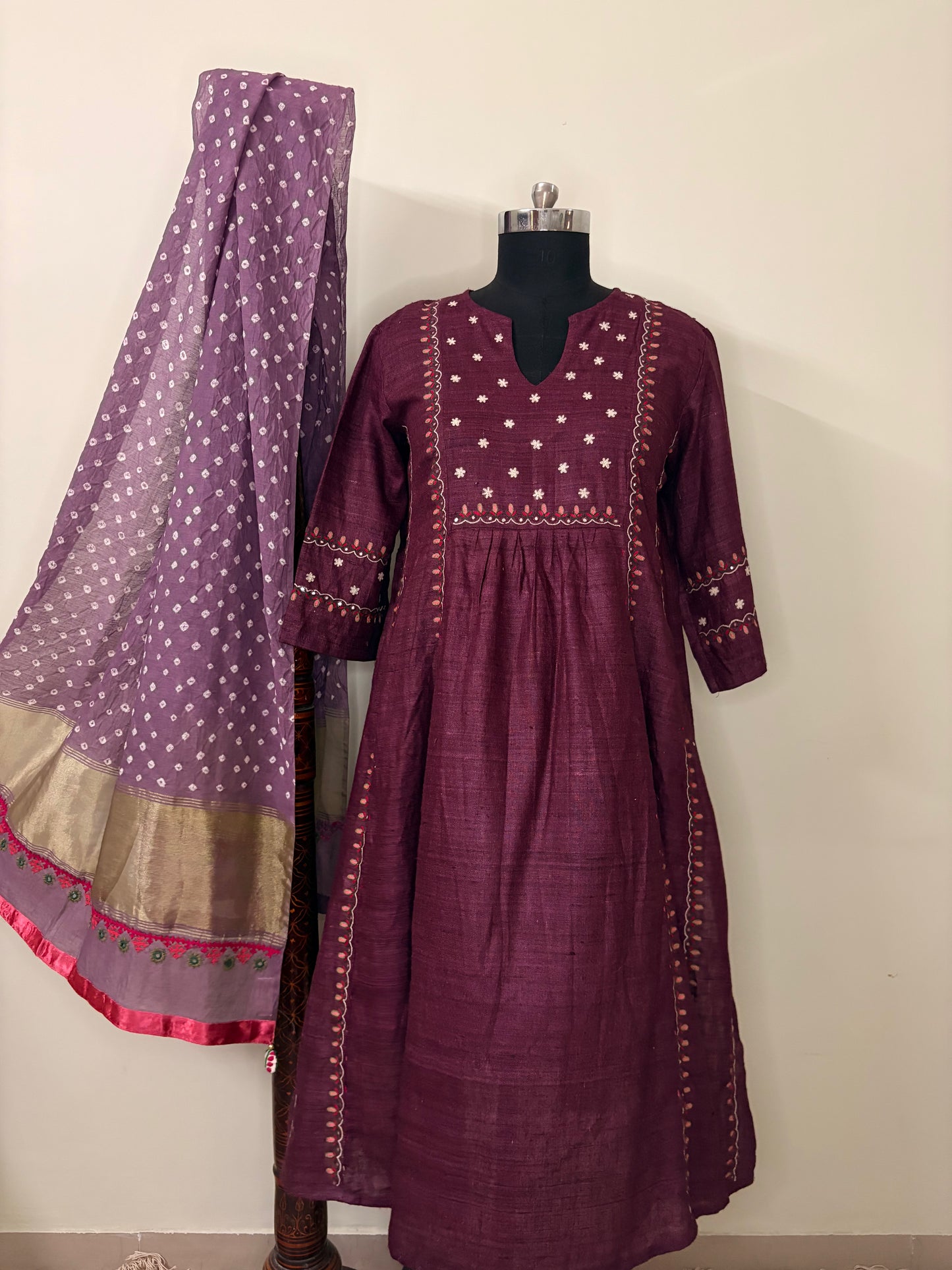 Jamuni Matka Silk Anarkali Kurta with Ari & Mirror Work (Semi-Stiched)