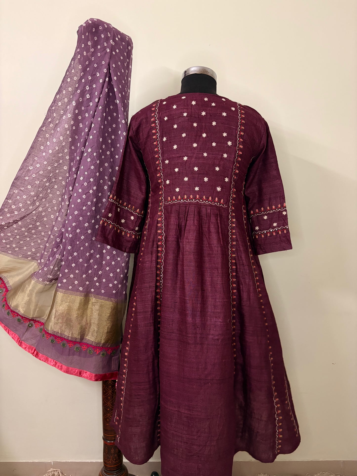 Jamuni Matka Silk Anarkali Kurta with Ari & Mirror Work (Semi-Stiched)